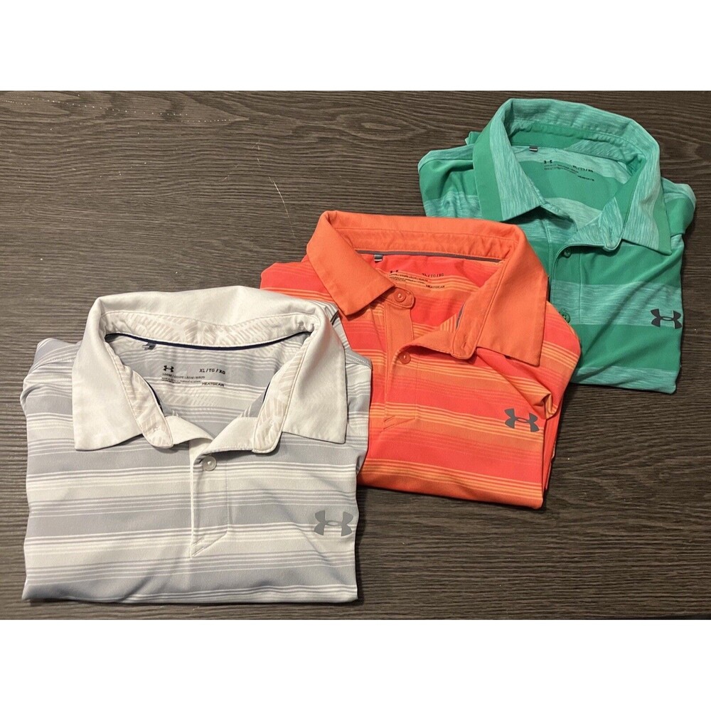 Lot Of 3 Under Armour Heat Gear Polo Golf Shirts XL Green,Orange, Gray Stripe